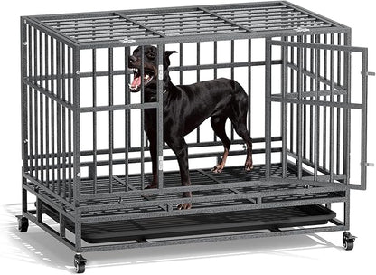 MoNiBloom Heavy Duty Dog Indestructible Crate with Lockable Wheels, Escape Proof Dog Kennel with Double-Door, Chew-Proof Pet Cage Indoor for Medium Dogs