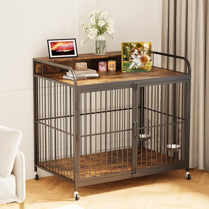 32 Inch Dog Crate Furniture, Dog Crate with Adjustable Height Feeder, Designed for Small Dogs, Featuring 360-Degree Swivel Wheels for Easy Movement, Rustic Brown Finish