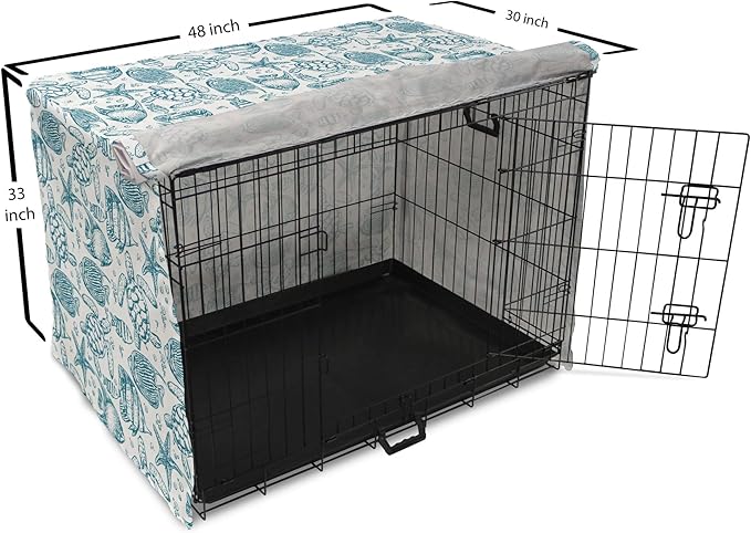 Lunarable Under The Sea Dog Crate Cover, Hand Drawn Sketch Art Style Fauna of The Sea Turtle Starfish and Fishes, Easy to Use Pet Kennel Cover for Medium Large Dogs, 48 Inch, Blue White