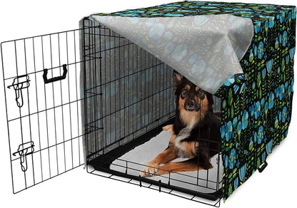 Lunarable Floral Dog Crate Cover, Abstract Flower Bouquets Dragonflies Ladybugs Butterflies on Dark, Easy to Use Pet Kennel Cover for Medium Large Dogs, 36 Inch, Blue Green and Charcoal Grey