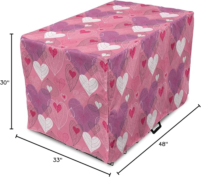 Lunarable Love Dog Crate Cover, Natural Theme Abstract Hearts Pattern Leaves Romantic Nature Art, Easy to Use Pet Kennel Cover for Medium Large Dogs, 48 Inch, Pink Purple