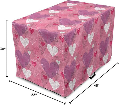 Lunarable Love Dog Crate Cover, Natural Theme Abstract Hearts Pattern Leaves Romantic Nature Art, Easy to Use Pet Kennel Cover for Medium Large Dogs, 48 Inch, Pink Purple