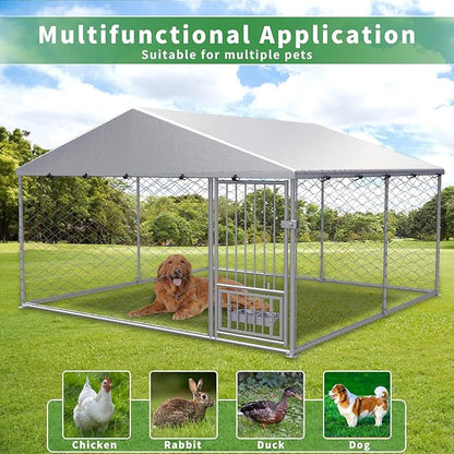 Rovibek Dog Kennel Outside, Outdoor Dog Kennel with Roof, 10'×10' Puppy Enclosure Outside, Out-Side with 2 Stainless Steel Bowls and Waterproof Sun-Proof Cover