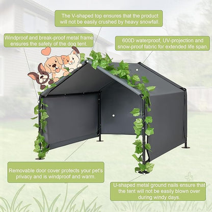 Large Dog Shade Shelter Outdoor Tent Dog House for Large Medium Dogs, Outside Sun Rain Canopy Pet House for Homeless Cats Pigs Livestock with Rainproof Cover with Artificial Grapevine Leaves