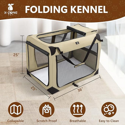 X-ZONE PET Dog Crate 3-Door Kennel, Collapsible Portable Soft Sided Pet Carriers for Indoor & Outdoor, Multiple (36-Inch, Rice White)