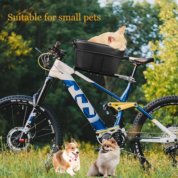 Dog Bike Basket,Soft-Sided Pet Bicycle Carrier Wiith Safety Strap,Pet Travel Bag,Quick Detachable Breathable Bicycle Basket Bag,Ride Bicycle Basket for Dogs and Cats Up to 16lbs, Black1