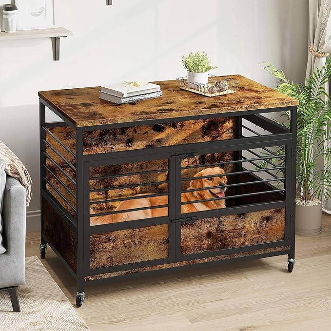 DWVO Dog Crate Furniture, 39 Inch Dog Kennel Indoor Furniture End Table for Dogs, Modern Decorative Wooden Cage with Wheels, Chew-Resistant, Rustic Brown