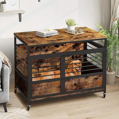 DWVO Dog Crate Furniture, 39 Inch Dog Kennel Indoor Furniture End Table for Dogs, Modern Decorative Wooden Cage with Wheels, Chew-Resistant, Rustic Brown