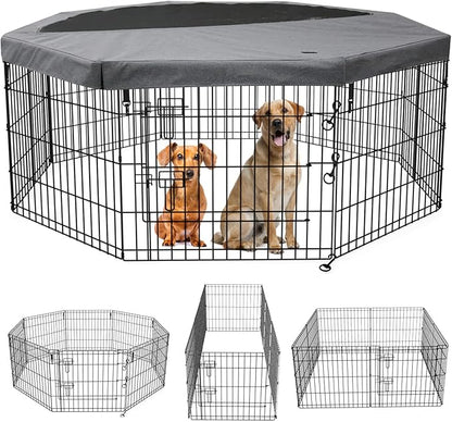 PETIME Foldable Metal Dog Exercise Pen/Pet Puppy Playpen Kennels Yard Fence Indoor/Outdoor 8 Panel 24" W x 24" H with Top Cover (with top Cover, 8 Panels 24" H)