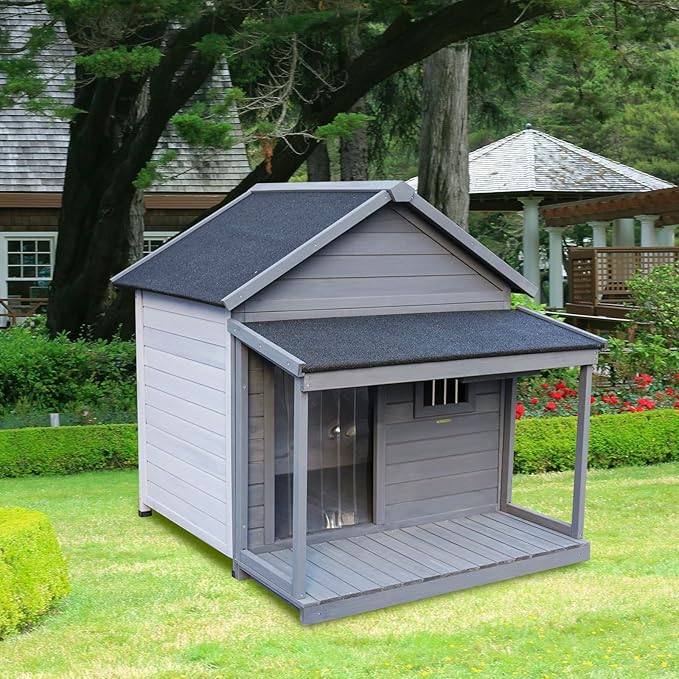 Outdoor Large Dogs House with Spacious Terrace,Open Waterproof Asphalt Roof Dog Kennel W/Breathable Window and Door Curtain,Fir Wood Dog Cage for Large Dogs,Easy to Assemble,Gray
