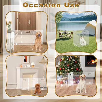 Clear Acrylic Dog Gate, 4 Panel 80" W x 24" H, Transparent Freestanding Pet Playpen Indoor, Foldable Pet Fence Barrier for Doorway with Handle/Support Feet
