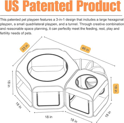 Portable Cat Playpen 2-Room with Tunnel, 3-in-1 Pop-up Cat Dog Crate Play Enclosure with Separate Areas, Foldable Pet Playpen for Puppy Kitten and Small Animals Indoor Outdoor