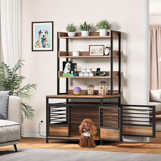 DWVO Dog Crate Furniture with Storage Shelves, Heavy Duty Dog Crate with Charging Station, 39 Inch Dog Kennel Indoor Furniture for Large Dogs, Modern Decorative Dog Crate with Double Doors, Brown