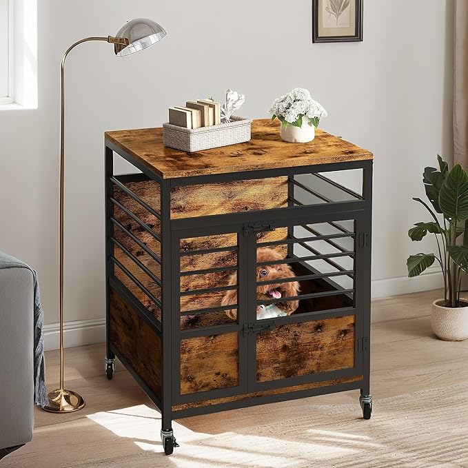 YITAHOME 24" Dog Crate Furniture with Wheels, Farmhouse Decorative Wood Dog Cage End Table Chew-Resistant Wooden Dog Kennel Indoor for Small Dogs, Rustic Brown
