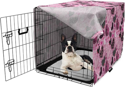 Lunarable Hearts Dog Crate Cover, Sewing Themed Love with Polka Dots Valentine's Day Inspired Image, Easy to Use Pet Kennel Cover for Small Dogs Puppies Kittens, 22 Inch, Pink Black White