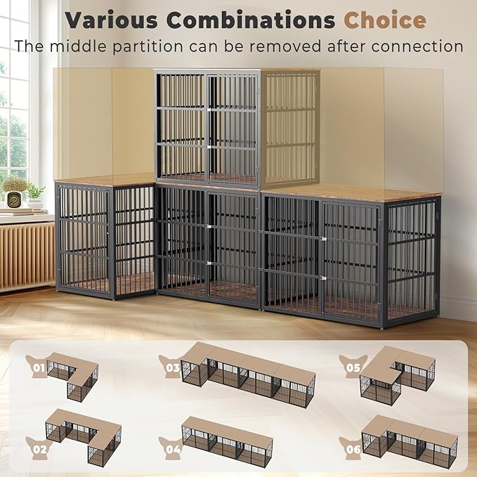 48'' L-Shaped Corner Dog Crate Furniture Large Breed with Double Rooms,Wooden Dog Crate End Table Indoor with Removable Divider for Small to Medium Dogs, Can Use Separately