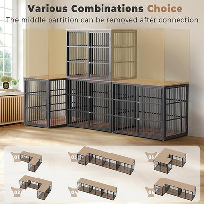 94.48'' Dog Crate Furniture Large Breed TV Stand with Double Rooms,Wooden Dog Kennel Dog Crate End Table with Removable Divider for Large Medium Dogs, Can Use Separately