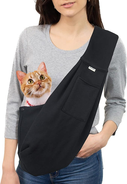 Pet Sling Carrier Adjustable Shoulder Strap Puppy Tote Hands Free Reversible Pet Backpack for Outdoor Travel Classci Black