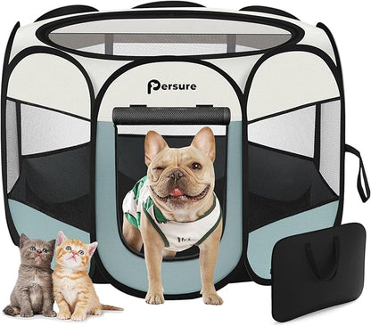 Cat and Dog Playpen Indoor/Outdoor for Puppy Pet Travel and Recovery After Surgery, Enclosure Tent Crates Cage, Portable Pop Up Kennel With Carrying Case (Grey, Small)