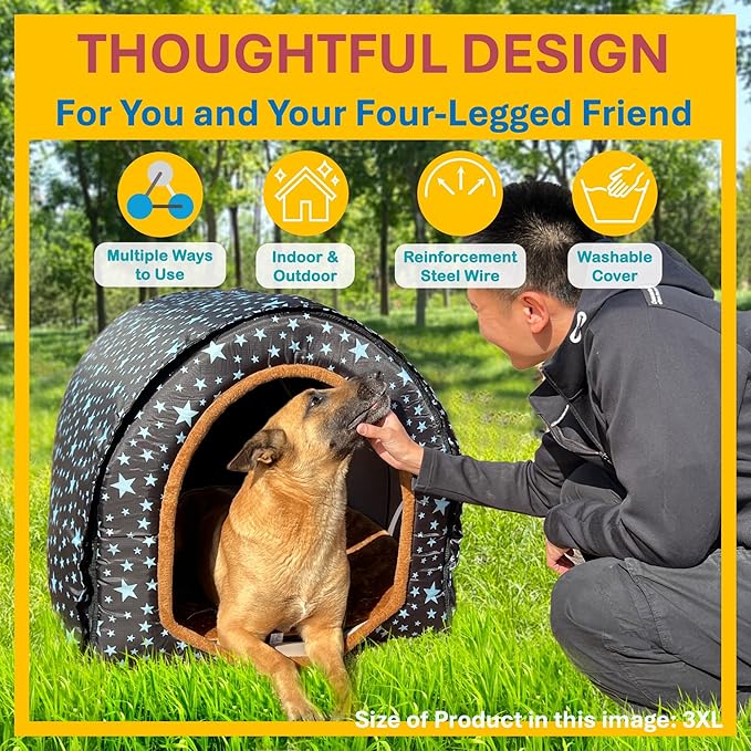 2 in 1 Extra Large Pet Winter House Convertible to Bed with Warm Cushion Mat, 2 Way Indoor Outdoor Warm Dog House Bed, Removable Washable Cover (XL Starry Sky)