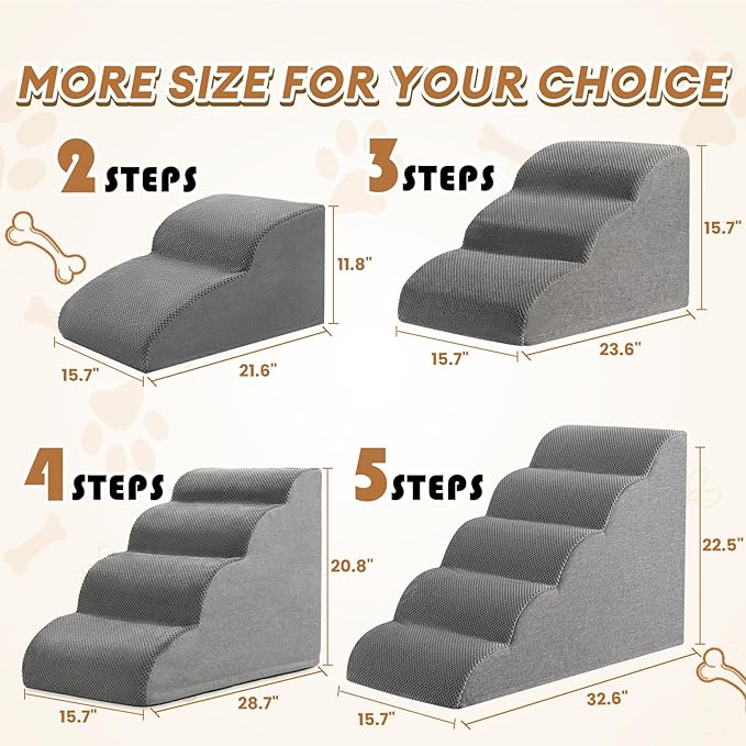 Dog Stairs, Romrol Dog Steps Ramp for High Bed and Couch, Dog Ramp with Durable Non-Slip Waterproof Fabric Cover, Pet Stairs for Small Dogs and Cats or Pets Joints, 4-Tiers,Grey