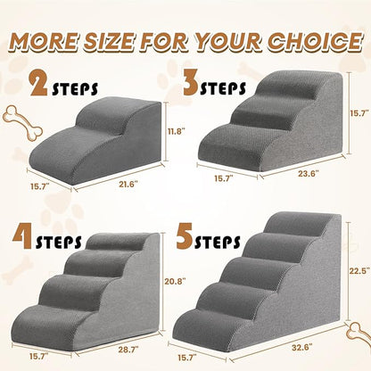 Dog Stairs, Romrol Dog Steps Ramp for High Bed and Couch, Dog Ramp with Durable Non-Slip Waterproof Fabric Cover, Pet Stairs for Small Dogs and Cats or Pets Joints, 4-Tiers,Grey
