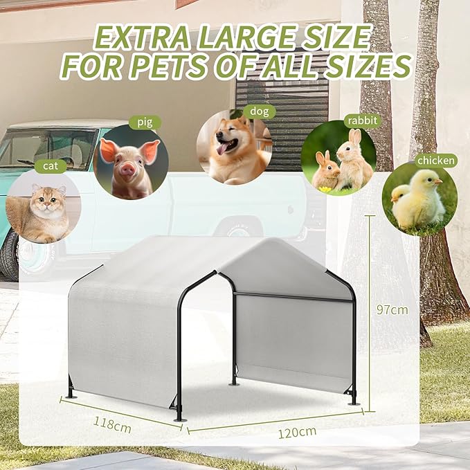 YAZ&OUZ Dog House Outdoor Large Breed, Dog Shade for Outside, 4'x4'x3' Outdoor Dog House Weatherproof & Snowproof with Sturdy Steel Frame & Ground Nails, Chicken House, Duck House