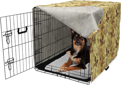 Lunarable Yellow and Brown Dog Crate Cover, Butterflies with Lace Style Ornament Spring Season Beauty Nature Print, Easy to Use Pet Kennel Cover for Medium Large Dogs, 36 Inch, Chestnut Brown