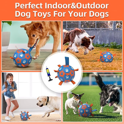 QDAN Dog Ropes Toys Soccer Ball with Straps, Interactive Dog Toys for Tug of War, Puppy Birthday Gifts, Dog Tug Toy, Dog Water Toy, Durable Dog Balls for Medium & Large Dogs- Blue&Orange(8 Inch)