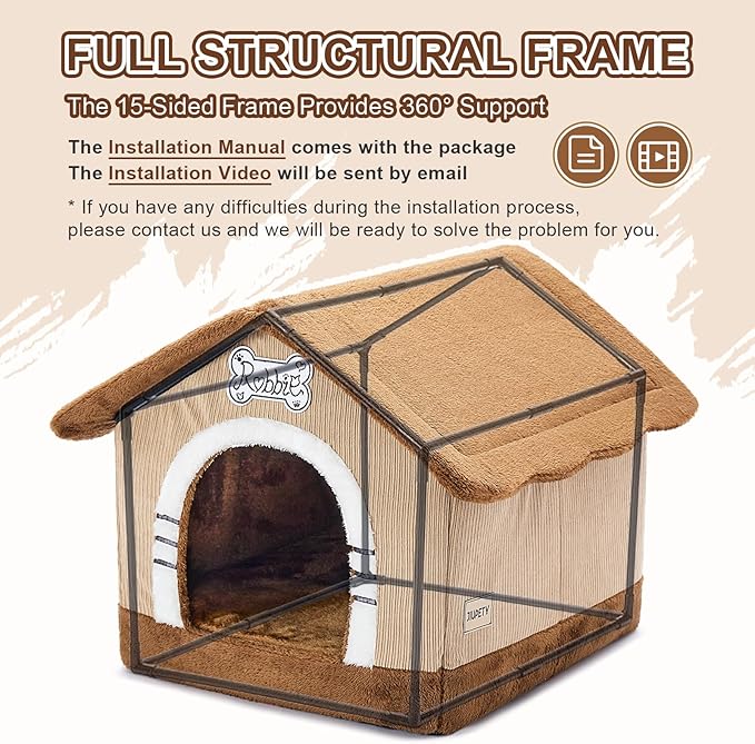 Jiupety Indoor Dog House with Frame, Large Dog Cave Bed, Insulated Cozy, Suitable for 15-30 lb, Large (20"×18"×18"), Brown