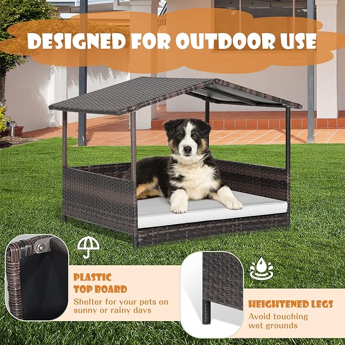 Giantex Wicker Dog House, Raised Rattan Dog Bed with Waterproof Roof, Washable Cushion Cover, Steel Frame, Indoor Outdoor Elevated Dog Bed Pet House for Small Medium Dogs Cats, Easy Assembly