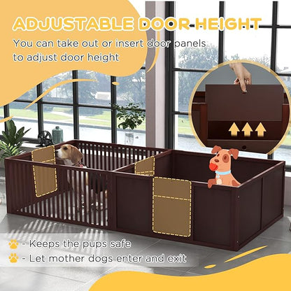 PawHut Whelping Box for Dogs Built for Mother's Comfort, Dog Whelping Pen with Removable Doors, Puppy Playpen for Indoors, Newborn Puppy Supplies & Essentials, 81" x 39" x 20", Coffee