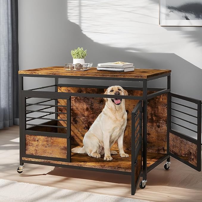 YITAHOME 39" Dog Crate Furniture with Wheels, Farmhouse Decorative Wood Dog Cage End Table Chew-Resistant Wooden Dog Kennel Indoor for Small Dogs, Rustic Brown