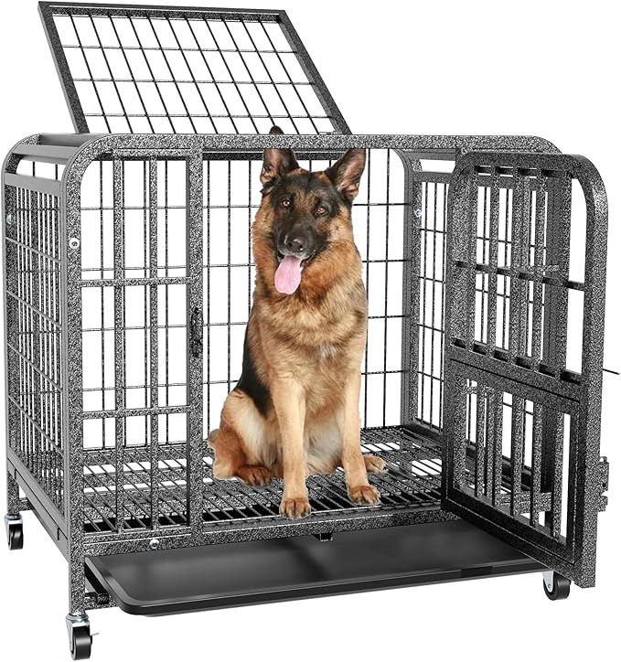 Dog Crates for Medium Dogs 37 inch, Heavy Duty 10-Gauge Steel Dog Kennel Indoor Escape Proof, Wire Cage for High Anxiety or Arthritic Dogs Comfortable with Lockable Wheels, Bottom Tray Easy to Clean