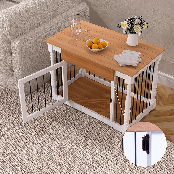 Dog Crate Furniture - Solid Wood Roman Column Kennel for Small/Medium Dogs | Multi-Functional Pet Bed with Removable Tray & Coffee Table Design | Modern Home Decor,Indoor Furniture (White)