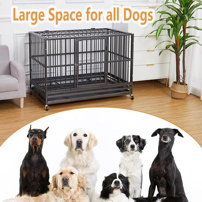 48 inch Heavy Duty Dog Crate, Indestructible Dog Crates for Large Dogs, Cage Kennel with Wheels&Brakes, Sturdy Locks Design, Double Door and Removable Tray, for Medium & Large Pets
