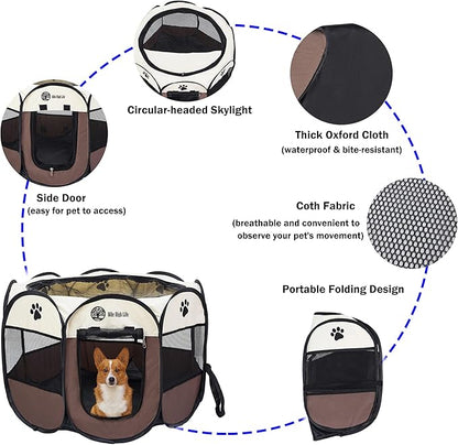 Mile High Life | Foldable Dog Playpen | Portable Dog Crate w Removable Shade Cover | Dog Kennel Indoor/Outdoor w Carry Case | Pen Tent for Dog/Cat/Rabbit(Brown, Medium (36"x36"x23"))