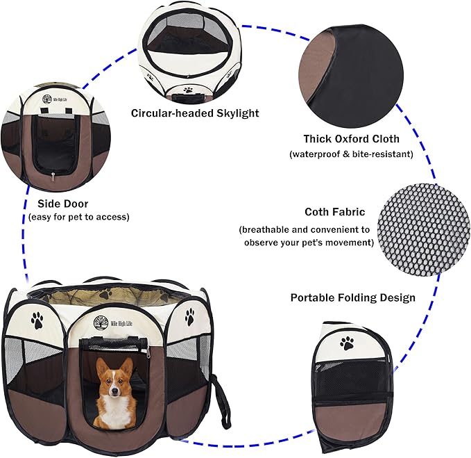 Mile High Life | Foldable Dog Playpen | Portable Dog Crate w Removable Shade Cover | Dog Kennel Indoor/Outdoor w Carry Case | Pen Tent for Dog/Cat/Rabbit(Brown, Small (29"x29"x17"))