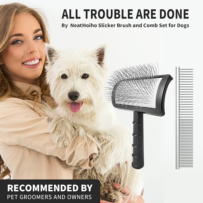 Large Slicker Brush & Pet Comb Value Kit, Extra Long Pin Dog Grooming Wire Brush and Deshedding, Removes Long and loose Hair & Undercoat, Black-comb, Hair Type: Curly, Unisex