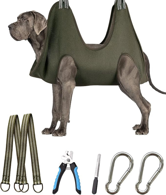 10 in 1 Pet Dog Grooming Hammock Harness with Nail Clipper,Nail File,Dog Nail Hammock,Dog Grooming Sling for Nail Trimming/Clipping (XXL+ / 100LB Max, Khaki Green)