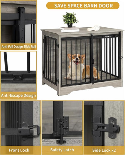 Dog Crate Furniture, 32" Double Door Dog Crate with Barn Door, Dog Kennel Indoor, End Side Table Wooden Dog Crates for Small Medium Large Dogs, Anti-Chew Anti-Escape, Greige DFC83605B