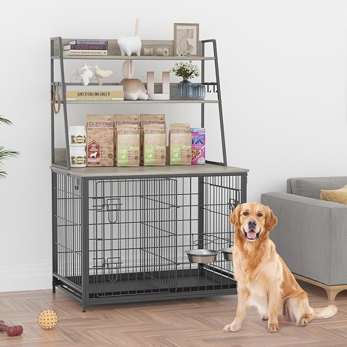 Furniture Style Dog Crate, Indoor Basic Dog Cage with 3-Layer Storage Shelves, Flip-up Top End Table Dog Cage, Dog Kennel Furniture with Adjustable Bowls, 37.4" L x 24.4" W x 57.1" H,Grey