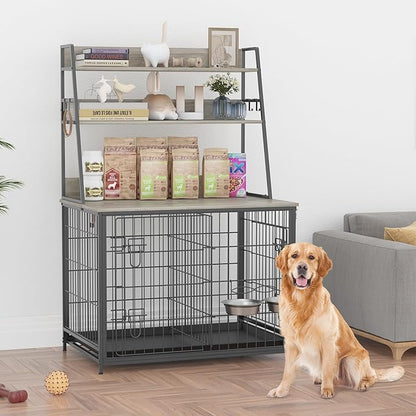 Furniture Style Dog Crate, Indoor Basic Dog Cage with 3-Layer Storage Shelves, Flip-up Top End Table Dog Cage, Dog Kennel Furniture with Adjustable Bowls, 37.4" L x 24.4" W x 57.1" H,Grey