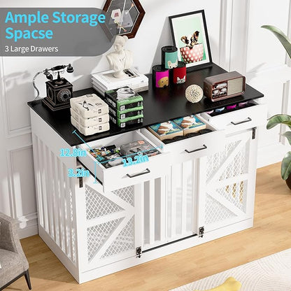 48'' Large Dog Crate Furniture with Divider and 3 Drawers, Wooden Double Dog Cage TV Stand with 2 Sliding Barn Doors, Extra Large Dog Cage Table, Sturdy Dog Kennel Indoor(White)