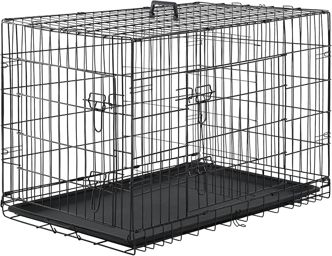 Furniture of America Yucca Metal Double Door Folding Wire Pet Crate with Divider, Removable Tray, and Handle for Outdoor and Indoor Medium Dog, 36-inch, Black