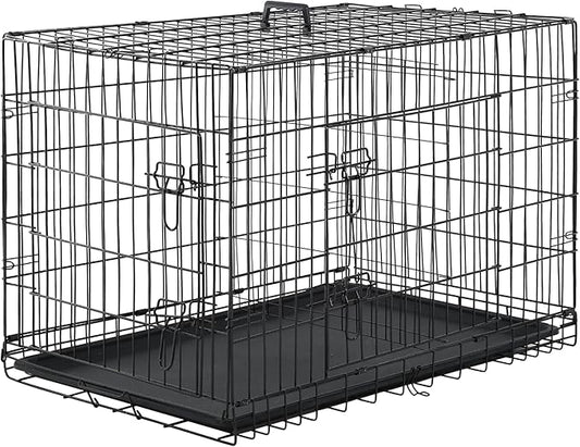 Furniture of America Yucca Metal Double Door Folding Wire Pet Crate with Divider, Removable Tray, and Handle for Outdoor and Indoor Medium Dog, 36-inch, Black