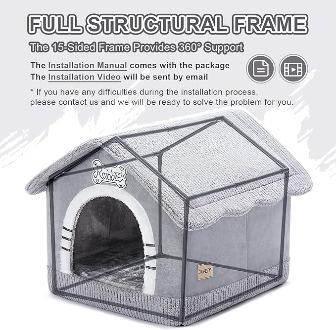 Jiupety Indoor Dog House with Frame, Large Dog Cave Bed, Insulated Cozy, Suitable for 15-30 lb, Large (20"×18"×18"), Gray