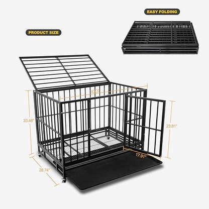 42 inch Heavy Duty Dog Crate with Lockable Wheels, Escape Proof Dog Crate cage Kennel for Large Dogs, High Anxiety Indestructible Dog cage, Double Door and Removable Tray