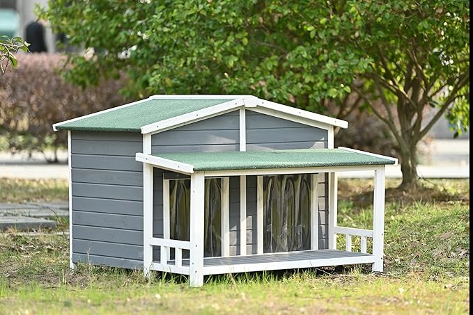 YOTPO 47.2" Wooden Indoor & Outdoor Medium Dog House with Porch Door and Removable Curtain,Pet Kennel with Weatherproof Solid Wood,for Yard,Garden,Living Room,Villa,Gray
