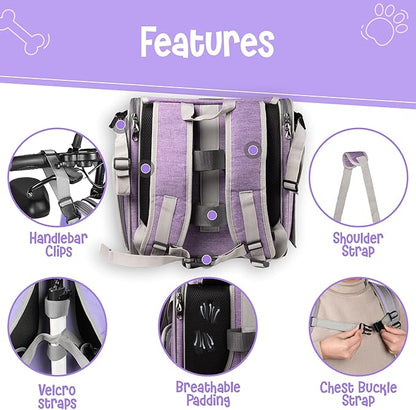 Dog Bike Basket, Mesh Windows, 2 Safety Leashes, Soft Sided, Safe Comfortable Pet Carrier for Small Dogs, Cats (Purple)